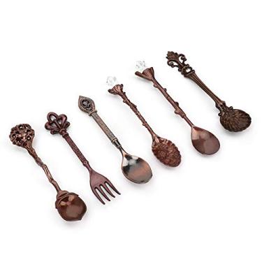 Imagem de GLOGLOW Conjunto de Colher e Garfo retrô de 6 Peças, Acessório de Cozinha de Talheres de Liga de Zinco Vintage Com Padrões Requintados da Corte Europeia, para Casa, (Bronze vermelho (cabo de garfo
