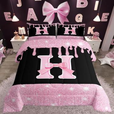 Imagem de Feelyou Conjunto de edredom com laço rosa, tamanho casal, decoração de iniciais, conjunto de cama para mulheres, adolescentes, letra H, edredom com monograma, glitter, diamante, microfibra, 3 peças