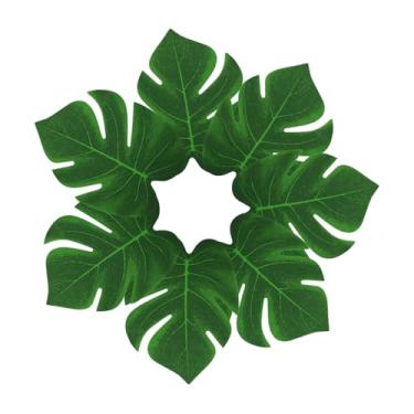 Imagem de 100 peças de folhas verdes falsas de monstera, pequenas folhas de palmeira artificiais falsas tropicais, decorações de festa de luau para festa na selva havaiana, safári, mesa de aniversário para casa