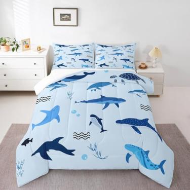 Imagem de Feelyou Conjunto de edredom King com estampa de tartaruga marinha, tubarão, desenho kawaii, animais subaquáticos