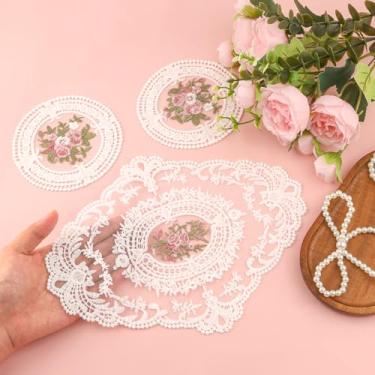 Imagem de Conjunto de 3 peças de guardanapos de renda vintage de crochê branco – 1 jogo americano de renda (20 x 26 cm) + 2 porta-copos (11 cm) toalhas de mesa rústicas feitas à mão, jogos americanos de renda