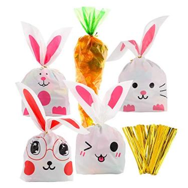 Imagem de Jetec 100 Pieces Easter Cellophane Carrot-Shaped Bags and Bunny Goody Bag Candy Gift Wrap Bags with 100 Pieces Twist Ties for Party Favors Suppl (Color Set B)