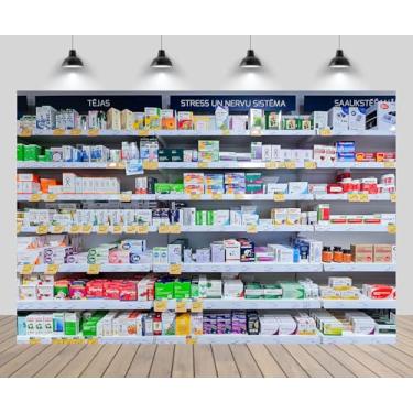 Imagem de CHNYWORK 2,1 x 1,5 m de fundo de loja de farmácia, caixas de remédios, prateleiras, caixas de produtos de saúde, fundo, médico, enfermeira, farmácia, decoração de festa, retrato, cabine de fotos