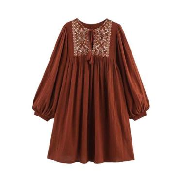 Imagem de Vestido feminino solto casual simples elegante bordado estilo curto ve