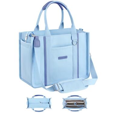 Imagem de BESBESME Bolsa feminina de lona com zíper e compartimentos – Bolsa tiracolo tiracolo com vários bolsos para laptop, Azul claro, Medium, Organizador embutido