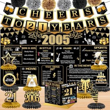 Imagem de Decorações de aniversário de 21 anos para ela, 18 peças de decoração de banner em ouro preto em 2005, pano de fundo de aniversário, faixa de 21 anos para filha e filho, cartão de aniversário, 6