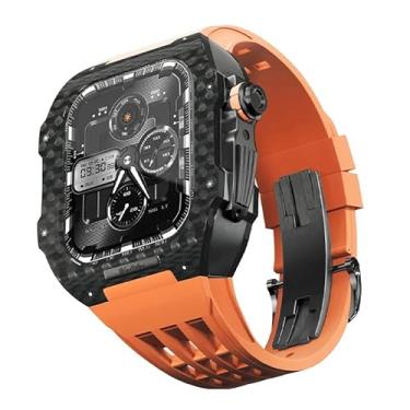 Imagem de FUKUZL Kit de modificação de pulseira de relógio de luxo, capa de fibra de carbono, pulseira fluororubadora, para Apple Watch Band 9 8 7 6 5 4 SE série 44/45 mm DIY Upgrade (F,45 mm)