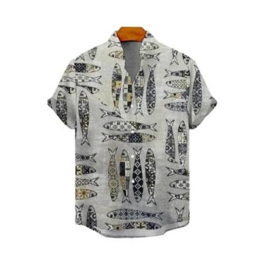 Imagem de Camisa Masculina Vintage De Verão Com Manga Curta Listrada E Botão Úni