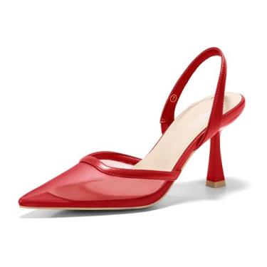 Imagem de Coutgo Sandálias femininas de salto alto Slingback de malha fechada bico fino stiletto sapatos de festa de casamento, Vermelho, 40