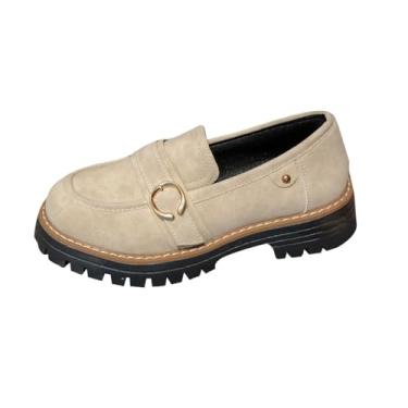 Imagem de Sapatos femininos casuais com fivela grossa inferior e cano baixo com design estilo britânico, adequado para uso moderno, Bege, 38