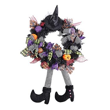 Imagem de Corona de Halloween com Pernas Bruxa Nó Folha Maple Guirlanda Artificial para Porta da Frente Parede Decoração Casa Festa Ornamento Festivo Interior
