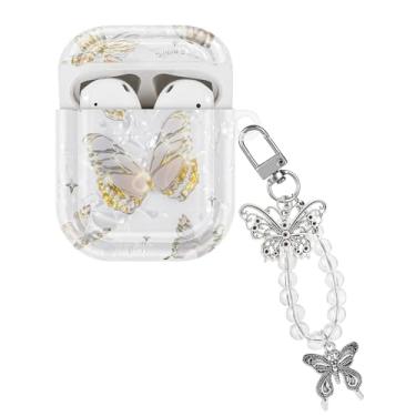 Imagem de CameCosy Capa protetora compatível com AirPods 1/2 geração com pingente de borboleta, capa de design de concha de pérola com estampa de borboleta para meninas, à prova de choque, antiarranhões