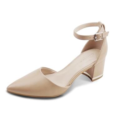 Imagem de Sapato feminino bico fino, salto baixo grosso, salto confortável para mulheres, salto grosso com tira no tornozelo, sapatos para festa de casamento e escritório, Poliuretano bege, 36