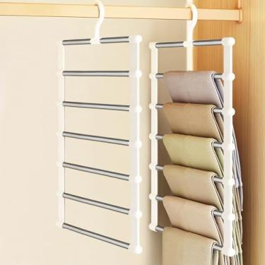 Imagem de Cabides para calças, pacote com 4 (comporta 24 pares), gancho giratório de 360°, barras de aço inoxidável, organizador de armário para calças, jeans, leggings, gravatas e toalhas (branco)