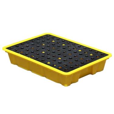 Imagem de Palete resistente de contenção de derramamento - Plataforma modular antivazamento para uso industrial, polietileno amarelo e preto, ideal para tambores de óleo em armazéns e fábricas