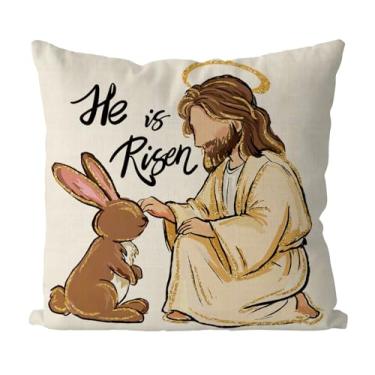 Imagem de GAGEC Capas de almofada de Páscoa 45,7 x 45,7 cm He is Risen Rabbit Easter Fronha para decoração de sofá para casa de quarto capa de almofada primavera sazonal decorações de casa de fazenda