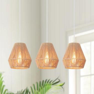 Imagem de HLJYNJM Pacote Com 3 Luminárias Pendentes De Vime De 7'', Luminárias Pendentes Estilo Fazenda, Ilha De Cozinha Com Cúpula De Vime Trançado À Mão, Luminária Boho, Lustre Trançado Para Quarto, Sala D