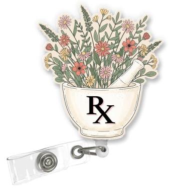 Imagem de ULTRAVUTT Carretel de crachá floral RX Bowl retrátil com clipe jacaré para farmácia, hospital, local de trabalho