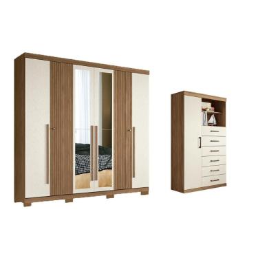 Imagem de Guarda Roupa Cômoda 2 Peças Casal Santos Andirá 6 Portas de Bater 4 Gavetas MDF com Esp...