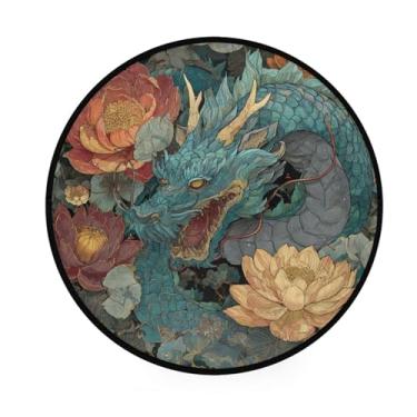 Imagem de ALAZA Tapete redondo de flores de dragão e lótus antiderrapante absorvente para sala de estar, quarto, sala de estudo, 92 cm de diâmetro