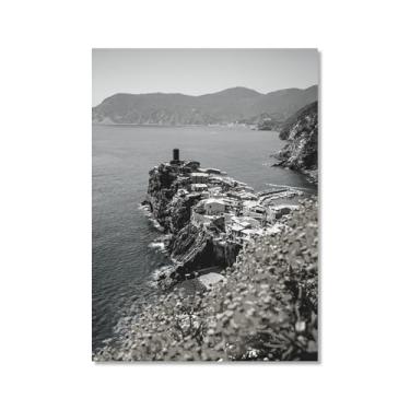 Imagem de Impressão em tela de fotografia de paisagem em preto e branco cenário da Itália para decoração de sala de estar - Veneza, Costa Amalfitana, Roma, Milão, Five Oceanside Towns Pôster de arte de parede