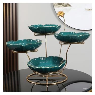 Imagem de Tigela de frutas de cerâmica multicamadas novo prato de frutas chinês sala de estar mesa de café prato de frutas prato de nozes prato de lanche tigela de frutas decorativa (azul-A) (verde A)