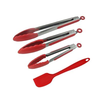 Imagem de 4 pinças de cozinha para conjunto de cozinha, pinças de grelha com ponta de silicone e uma espátula de silicone resistente ao calor para grelhar, churrasco, servir salada, macarrão, vermelho