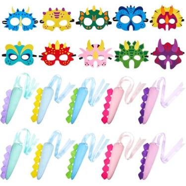 Imagem de Leitee Conjunto de 20 peças de dinossauro de feltro – 10 caudas e 10 máscaras de dragão para lembrancinhas de festa de aniversário de crianças pequenas, Cor fresca, approx. 13 inch