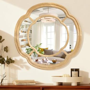 Imagem de Lzuso Espelho de parede, espelho emoldurado redondo de madeira irregular ondulado pendurado espelhos decorativos para sala de estar, quarto e entrada, decoração de casa de 50 cm