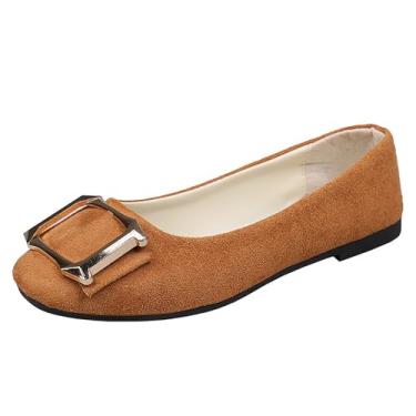 Imagem de Tênis feminino casual cor doce com fivela decorativa e bico quadrado tamanho grande para trabalho e dia a dia, Marrom, 34