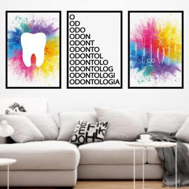 Imagem de Kit 3 Quadros Decorativos Odontologia, Dente - Colorido 34X23Cm - Moldura Branca