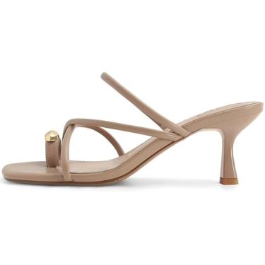 Imagem de Dsevht Sandálias de salto gatinho com tiras, anel, dedo do pé, chinelo stiletto, baixo, curto, salto dental, sem cadarço, bico aberto, sapatos de verão para mulheres, Nude., 36