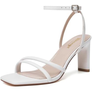 Imagem de RIBONGZ Sandálias femininas de salto alto com tiras quadradas, bico aberto, salto alto, tira no tornozelo, sandálias de salto grosso, para casamento, noiva, salto alto, sapatos de festa, Branco, 39