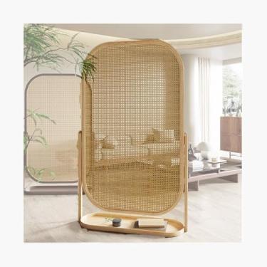 Imagem de Divisória de sala de madeira maciça, divisória dobrável de 70 x 160 cm com tecelagem de vime para casa e escritório, divisória de privacidade decorativa elegante para restaurantes e espaços de estar