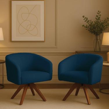 Imagem de Poltrona Sala Base Giratória Madeira Kit 2 Arielle Bouclê D03 - D'rossi Azul