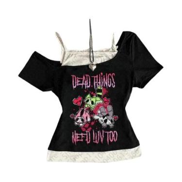 Imagem de Camiseta Gráfica Slim Fit Y2K Gótica Punk Hip Hop Para Mulheres, Manga