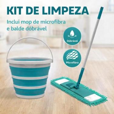 Imagem de Kit Limpeza Completo Mop Flat Chenile Flash Limp Balde Retrátil Dobráv