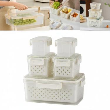 Imagem de Kit 5 Potes Hermeticos Organizador Geladeira Escorredor Interno Marmita Fitness Plastico Tampa Trava Legumes Frutas Verd