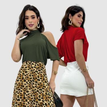 Imagem de Kit 2 Blusa Blusinha Choker Manga Curta Ombro Vazado Verão - Swiss Bou
