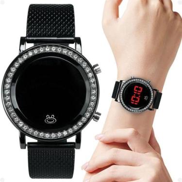 Imagem de Relogio Feminino Led Aço Strass Preto Digital Casual Redondo Presente 