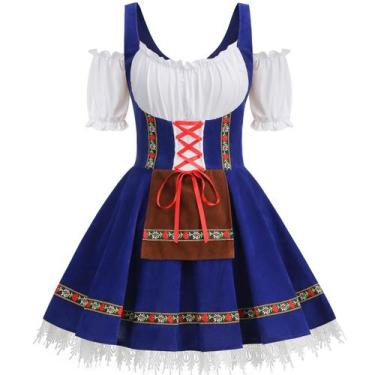 Imagem de Traje de Oktoberfest GRAJTCIN feminino de veludo Dirndl, vestido azul
