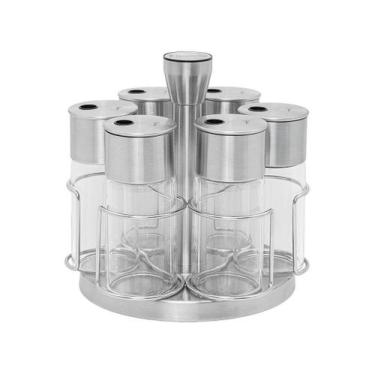 Imagem de Porta-tempero Inox e Vidro 6 Peças Tramontina Realce com Suporte, Inox