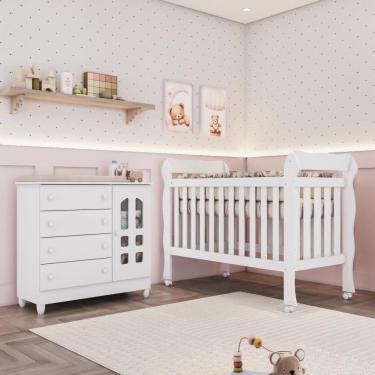 Imagem de Quarto Bebê Berço Americano 3 em 1 Lila Cômoda Infantil Fraldário Selena 100% MDF Branco Carolina Baby