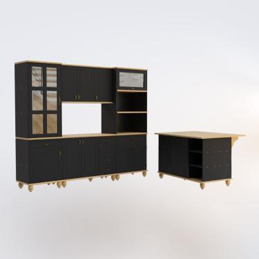 Imagem de Cozinha Retrô 5 Peças 10 Portas 6 Gavetas em MDF Preto-Marfim com Módulos Cristaleira,...