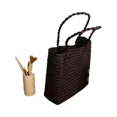 Imagem de Bolsa De Ombro Feminina Artesanal De Palha De Rattan E Bambu Trançado 