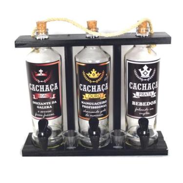 Imagem de Pingometro Porta Cachaça Pinga Triplo com Copo Dose Suporte Madeira - 