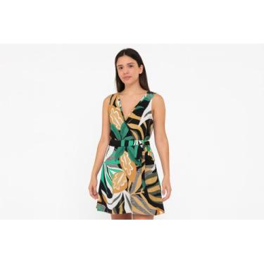 Imagem de Vestido Feminino Estampado em Liganete Transpassado FitWell, Bege, Pre