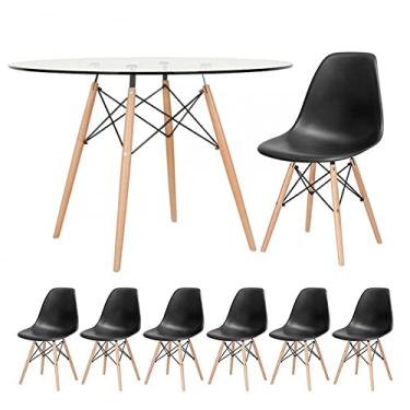 Imagem de Loft7, Mesa redonda Eames com tampo de vidro 120 cm + 6 cadeiras Eiffel DSW Preto