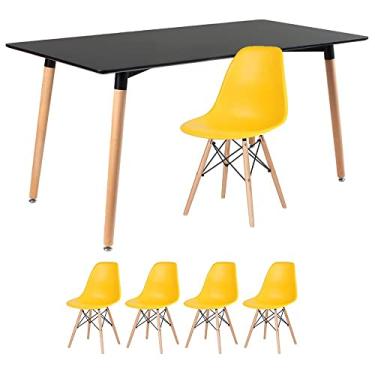 Imagem de Loft7, Kit - Mesa de jantar retangular Eames 80 x 160 cm preto + 4 cadeiras Eiffel Dsw Amarelo