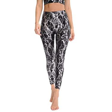 Imagem de Calças de ioga femininas com estampa de pele de cobra legging cintura alta para levantamento de bumbum que absorve a umidade e malha de corrida(Small)(Preto)